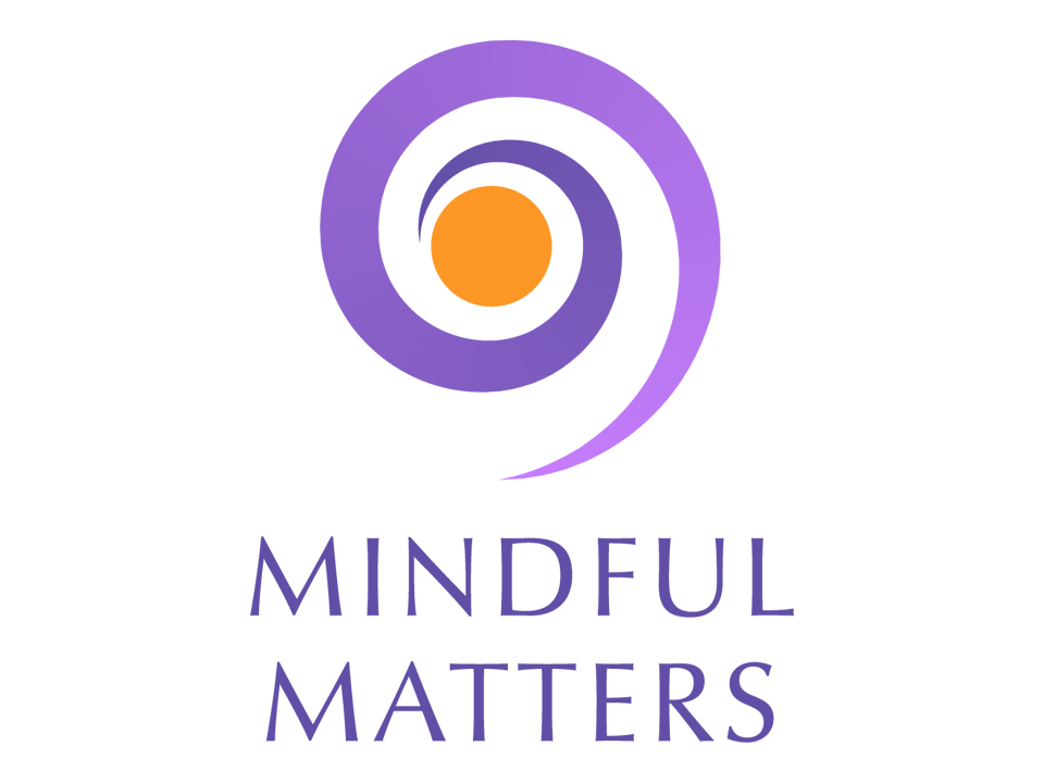 Dark and light purple swirls with an orange center. Mindful Matters written below.
